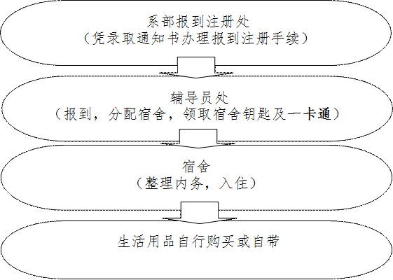 系部报到注册处（凭录取通知书办理报到注册手续）,辅导员处（报到，分配宿舍，领取宿舍钥匙及一卡通）,宿舍（整理内务，入住）,生活用品自行购买或自带